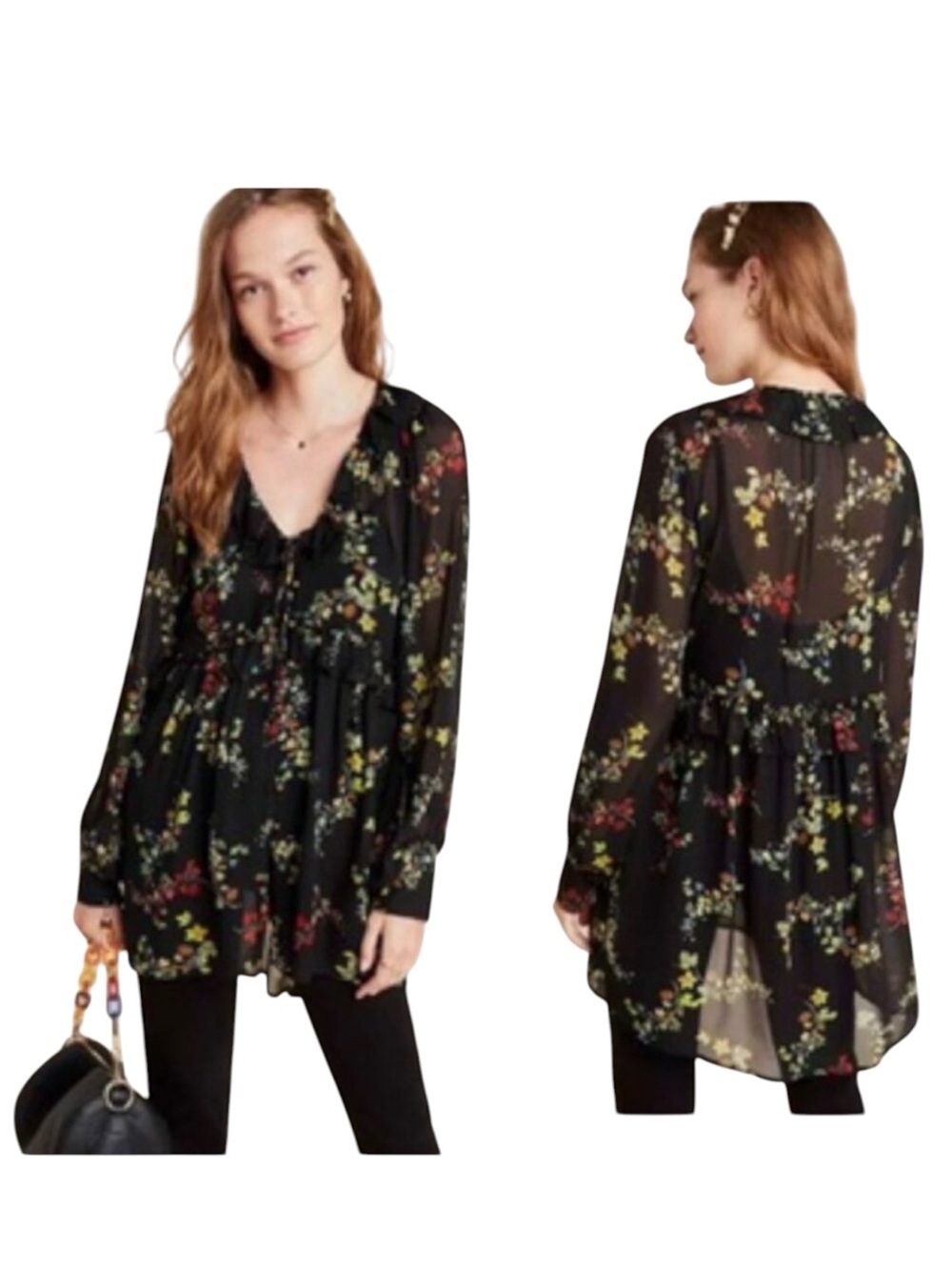 Anthropologie Floral Jamison Ruffles Flowy Blouse Whimsy Goth Tunic Top Boho M